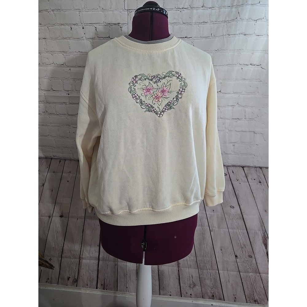 Vtg 90s Graphic Granny Sweatshirt XL Cottagecore Country Primitive Flower Heart